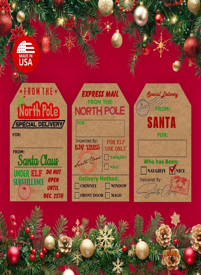 RokAPary from Santa Claus Gift Tags, Natural Kraft 2” x 3” Inch Stickers, Delivery from The North Pole Christmas Labels. 48 Labels. Made in USA - Image 2